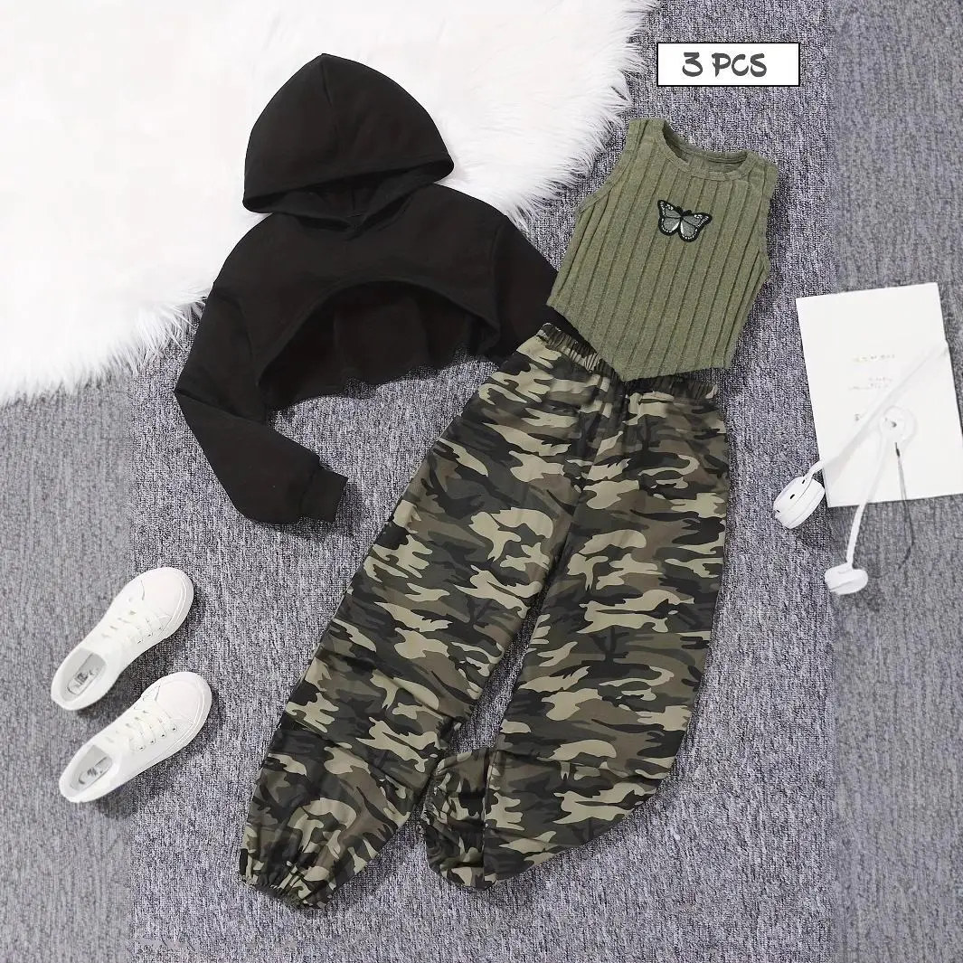 

Children's Spring and Autumn Short Sleeve Hoodie+Knitted Tank Top+Camouflage Pants - Military Green