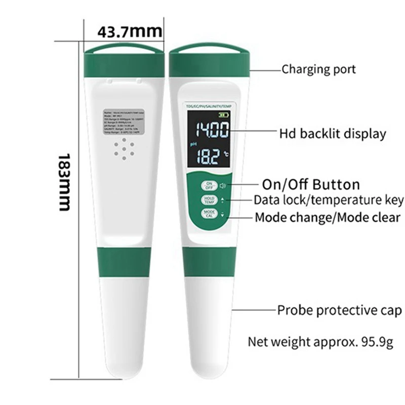 5-In-1 Water Quality Test Pen Voice Model EC Acidity Ph Meter Tds Salinity Meter Water Quality Tester Without PH Powder, Durable