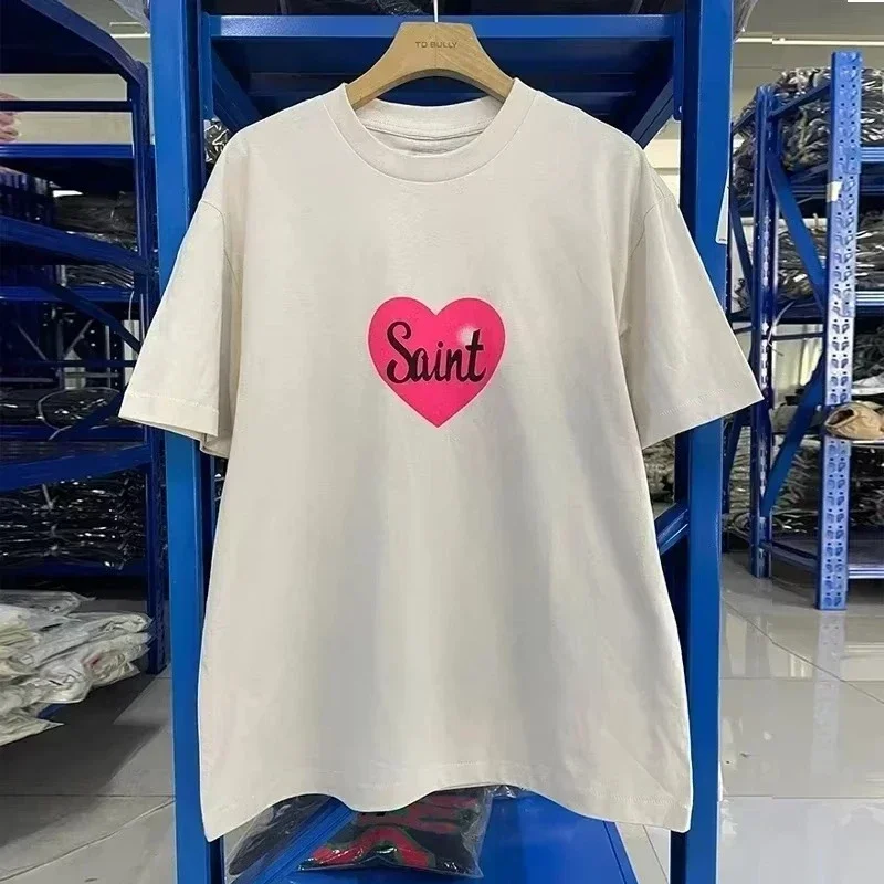 Vintage Dirty Cement White Saint Letter Logo T-shirt High Quality Cotton Oversized Unisex Casual Couple Short Sleeve Streetwear