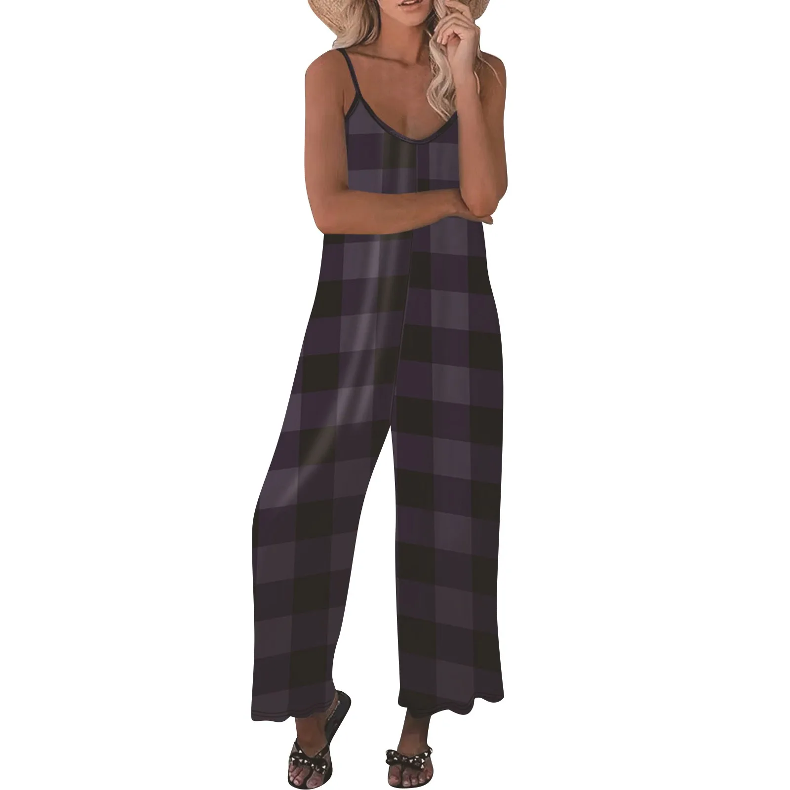 Summer Plaid Print Rompers Women Casual Fashion Regular Suspender Loose Wide Leg Jumpsuits Daily Vacation Commute Comfy Jumpsuit