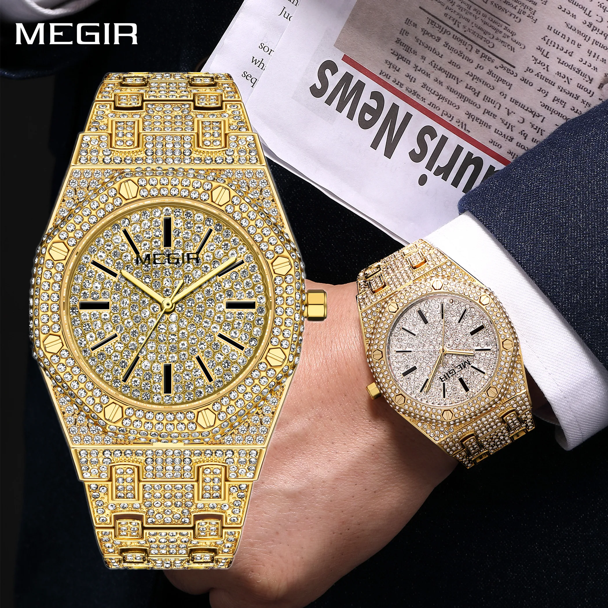

MEGIR Luxury Diamond Men Business Watches Stainless Steel Band Quartz Wristwatches Waterproof Male Clock Watch Reloj Hombre 1091
