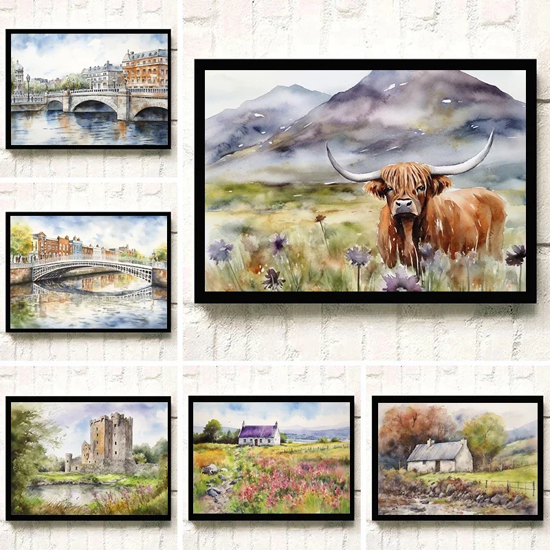 Impressionist Irish Scottish Watercolor Poster Urban farmhouse beach cliff Canvas Painting modern wall Art Picture Home Decor