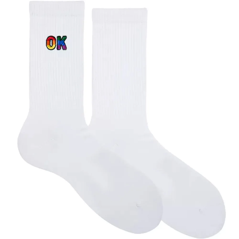 

Men's Black and White Rainbow OK Pattern Embroidery Tall Tube Long Tube Thin Four Seasons Cotton Socks Sports Socks