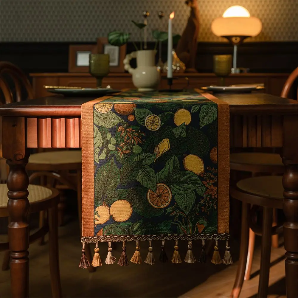 Exquisite Retro Lemon Pattern Woven Jacquard Table Runner Polyester Cover for TV Stand Bed End Luxury Home Vintage Textile Decor