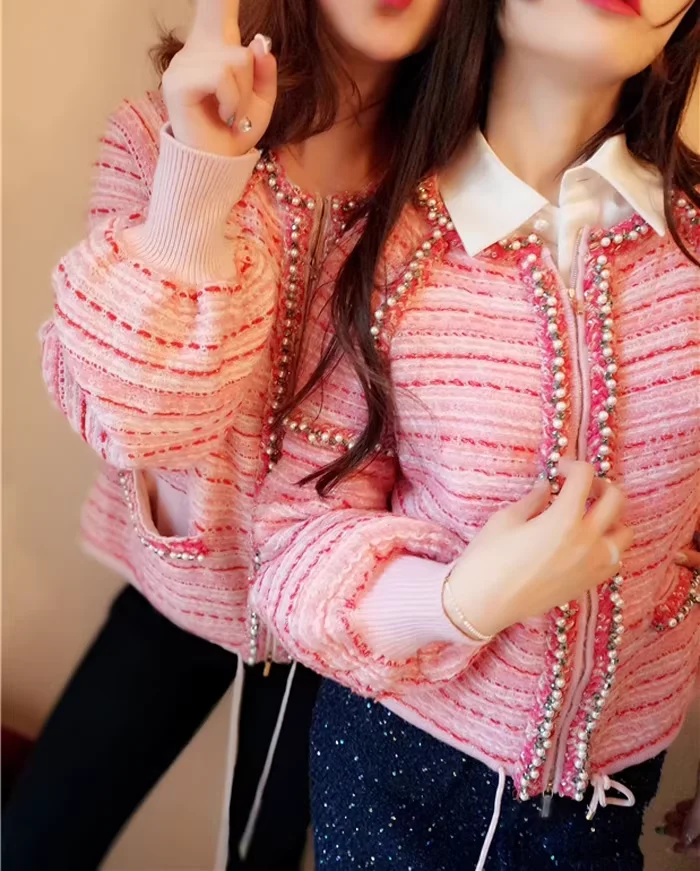 

High Quality Cashmere Sweaters Fashion Women's Knitted Pink Cardigan Causal Ladies Beading Stripped Jacket