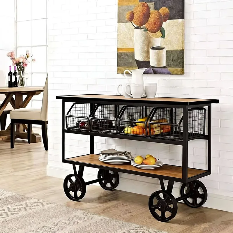 American wrought iron solid wood retro dining car wheelbarrow dining plate collection car hotel KTV wine cart dining side cabine