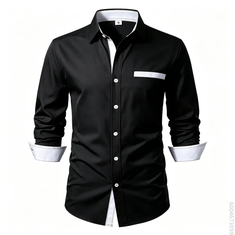 Men's long sleeved shirt with black and white contrasting design, versatile and loose fitting shirt for daily business trends