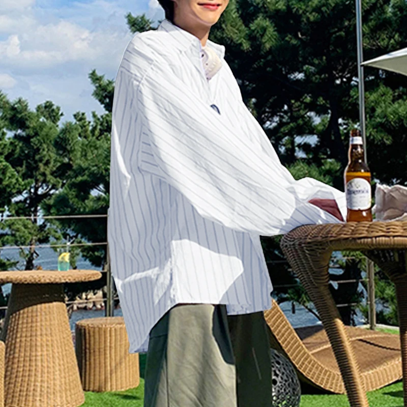 

INCERUN Мужская полосатая рубашка с лацканами и длинным рукавом, свободная мужская одежда, уличная одежда, топы в корейском стиле, модные мужские рубашки для отдыха, S-5XL