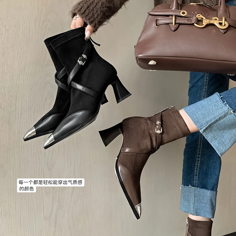 

2026 новые осенне-зимние женские ботильоны 22-24,5 см, эластичные фланелевые современные ботинки с металлическим носком, узкие ботинки на толстом высоком каблуке с молнией сзади