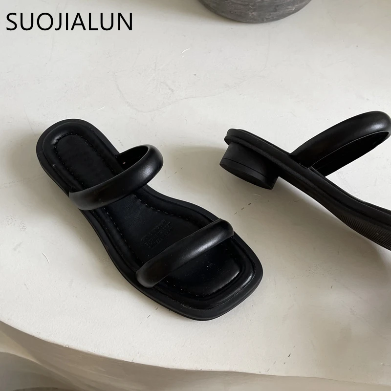 SUOJIALUN Summer Narrow Band Ladies Slipper Fashion Round Low Heel Women Sandal Casual Outdoor Beach Slides Slip On Flip Flip 40