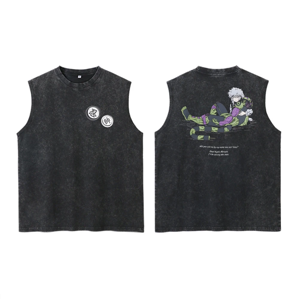 Anime Hunter X Hunter Acid Vest Retro Vintage Printed Washed Graphic Vest Men Harajuku Y2k Cotton Casual Tshirt Tops Unisex