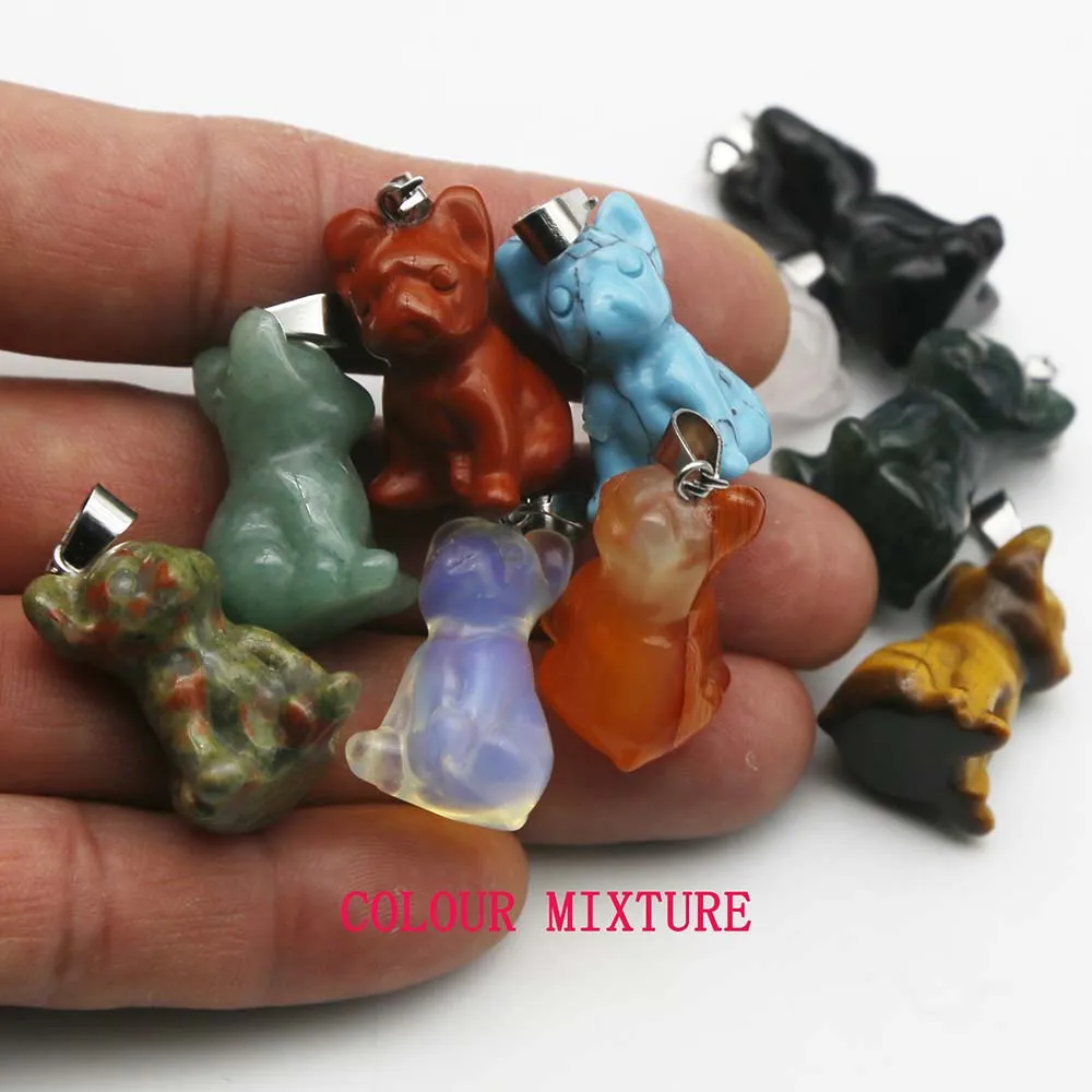 Natural Stone Carved Puppy Necklace Pendants Delicate Sweater Chain Decoration Fashion Charms Jewelry Accessories Wholesale 4Pcs