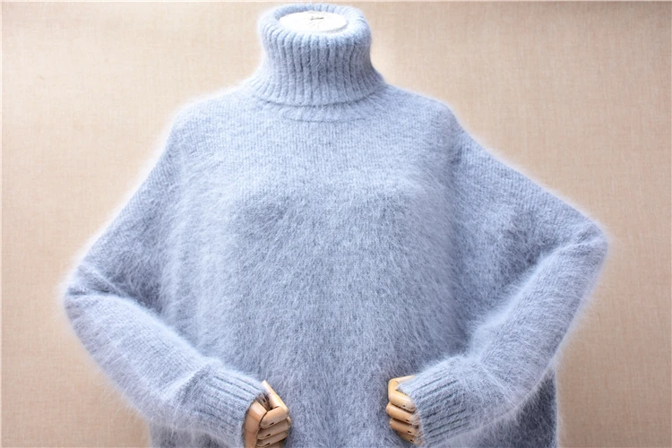 Female Women Autumn Winter Clothes Grey Hairy Angora Rabbit Hair Knitted Turtleneck Long Sleeves Split Loose Pullover Sweater