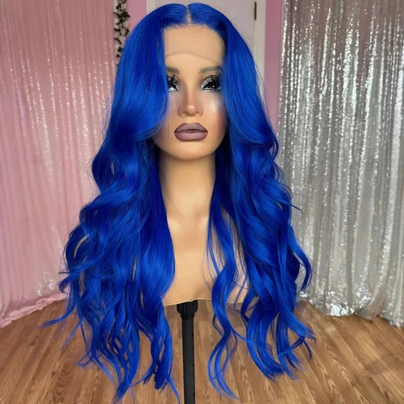 

European and American Style Blue Big Wave Full Head Set Elegant Curly Synthetic Hair Hand Crochet 13x4 Lace Wig Cosplay for
