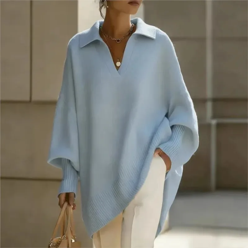 Women's Knitted Sweater Polo Collar Vintage Pullover Soft Warm Casual Long Oversize Sweaters Spring Autumn Elegant Clothes