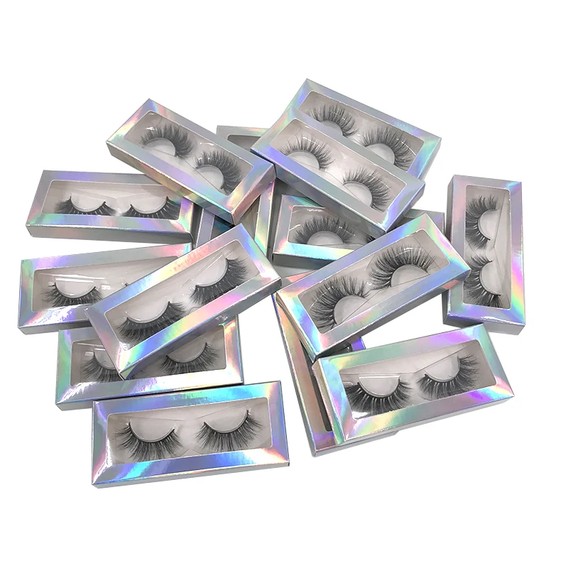 2024 Newest Natural 3D Mink Eyelashes Handmade Black Band Mink Hair Lashes Holographic Paper Packaging Box