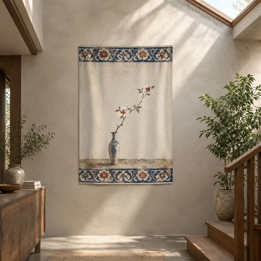 VIKAMA Single Branch Vase Twin Bands Tapestry Wall Hanging, Wabi Sabi Wall Decor Tapestries for Living Room Bedroom Office Study