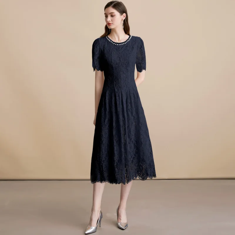 

Bla Lace ort Sve round Ne Pearl Decorated Dr Street Sle mid Waist Knitted Polyester Fiber A-Line Skirt for Midd...