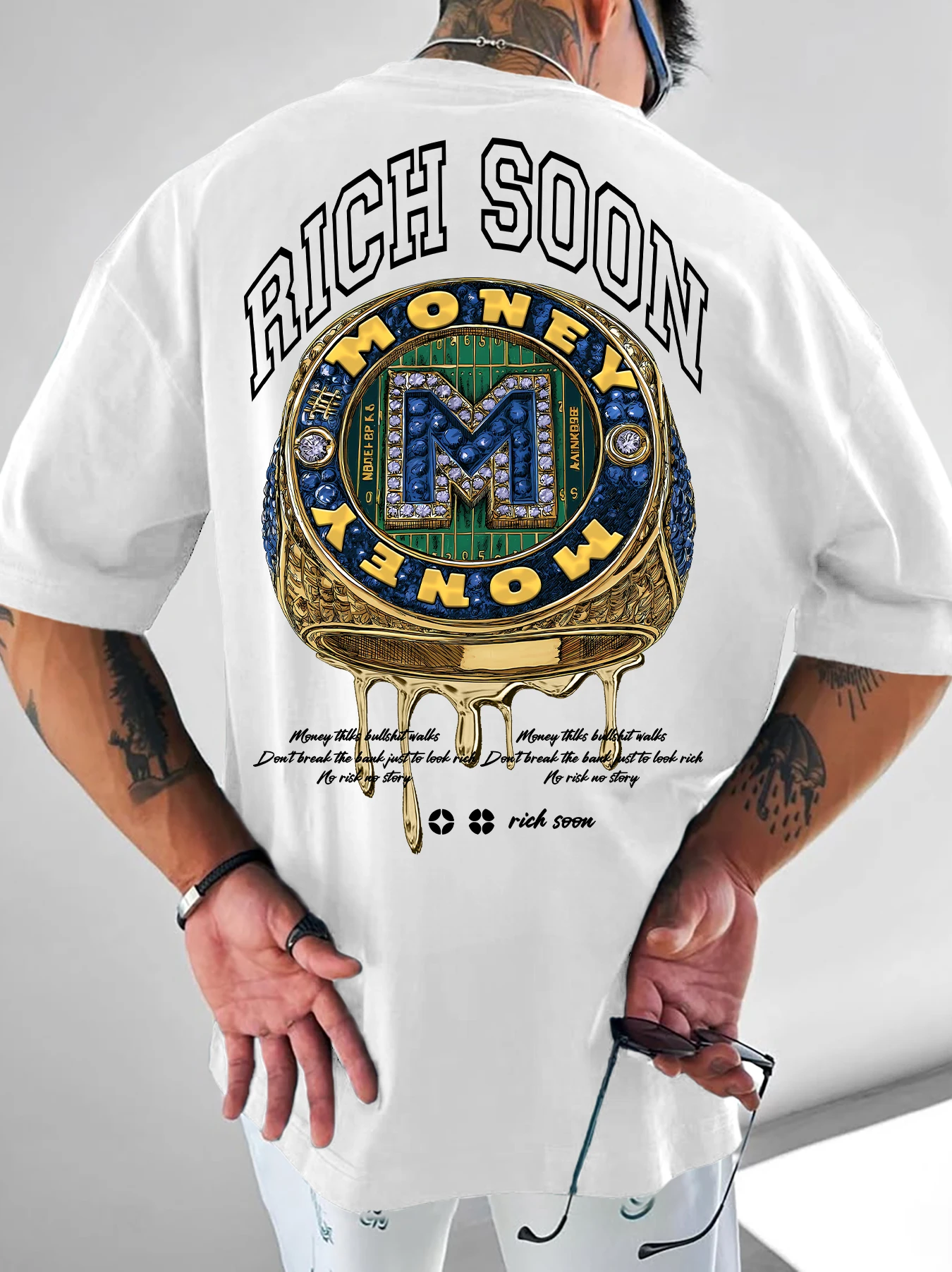 Men's Rich Soon Money Ring Print T-Shirt Casual Streetwear Oversized O-Neck Short Sleeve Graphic Tee Tops  S-XXL