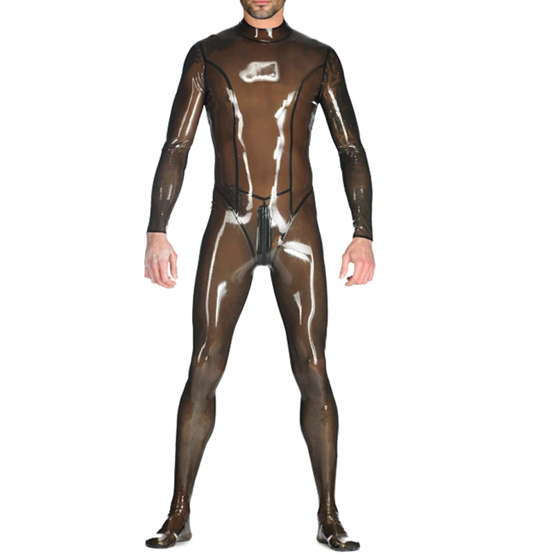 Transparent Black Sexy Men Latex Bodysuit Rubber Catsuit With Socks Back Zip Handmade Clothing  S-LCM108