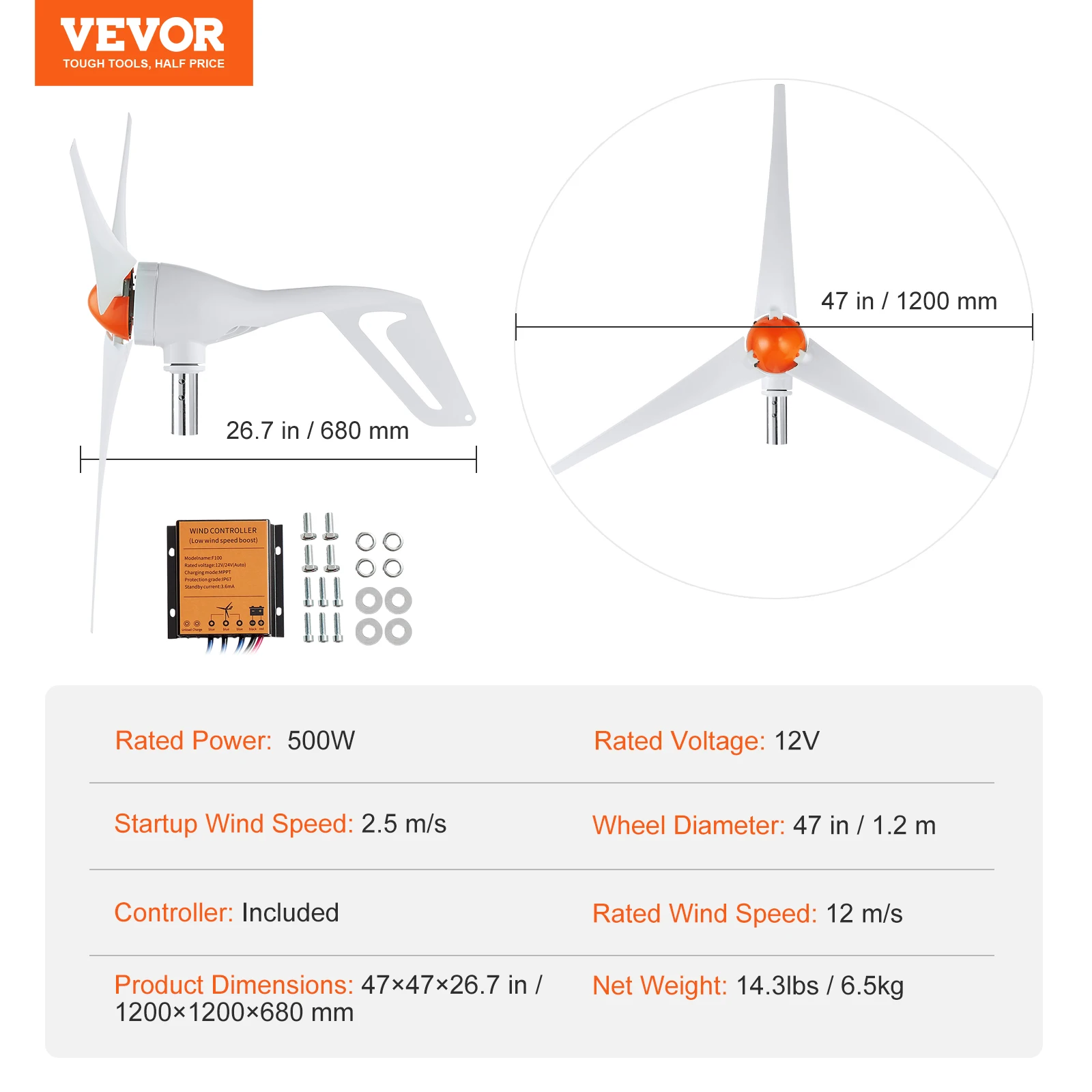 SucceBuy Windturbine Generator 12V 500W/800W Windturbine Windenergie Generator met MPPT Controller Geschikt voor Thuis Boerderij Campers