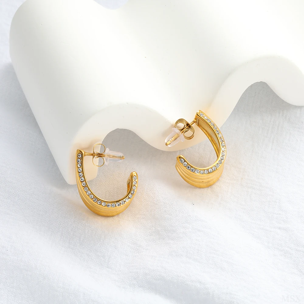 Vintage Aesthetic Curved Arc Stainless Steel Earrings for Lady C Shaped Edge Embed Small Circle Crystal Stone Commuter Jewelry image 6