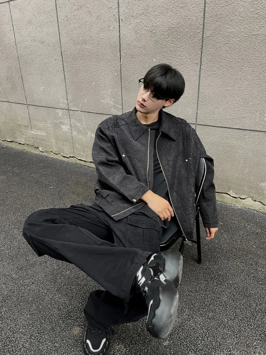 

Крутая мужская рабочая одежда Jaet со сложенным дизайном, весенне-осенняя модная молодежная уличная одежда с металлическими украшениями и манжетами Sve