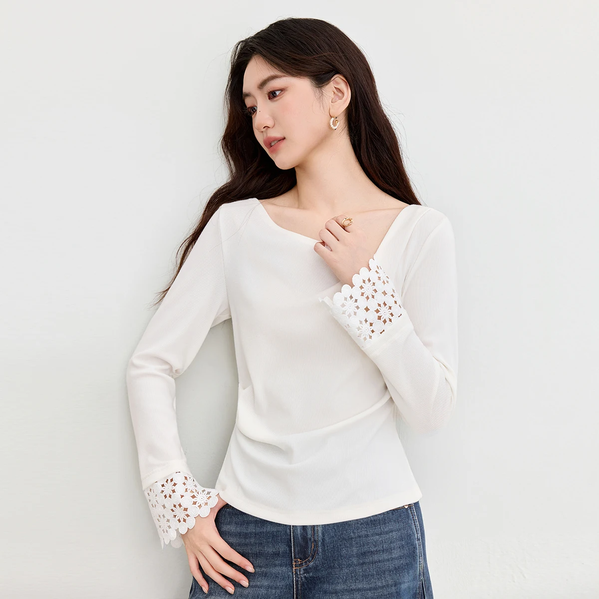 

SENTUBILA Women Long Sleeve T-Shirt 2026 Spring Summer Asymmetric Neck Casual Top Lace Cuff Ruched Waist Slimming Tee 161TD6505X
