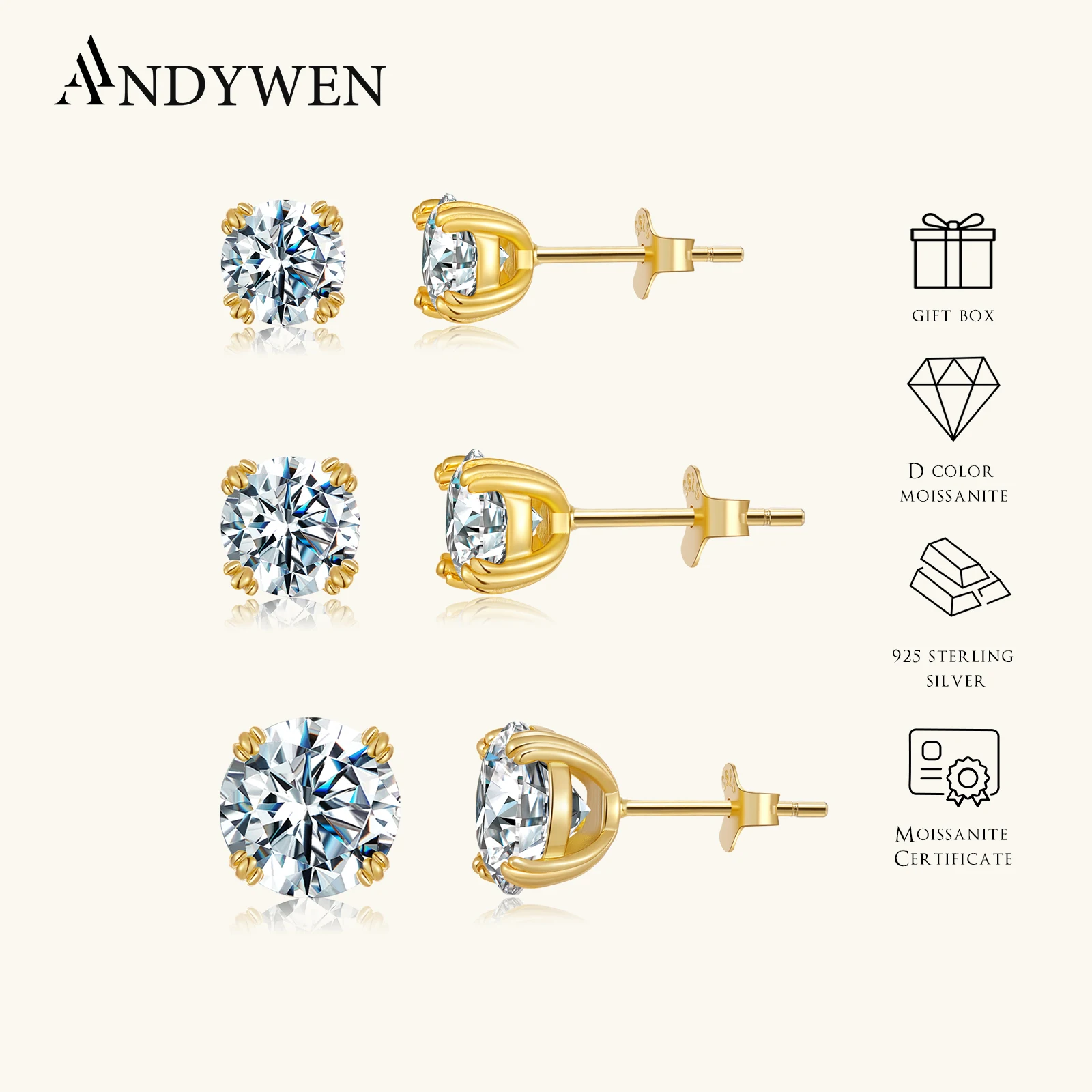

ANDYWEN Moissanite VVS1 0.5ct/1ct/2ct D Color 925 Sterling Silver Round Stud Earrings Women Classic Wedding Party Jewelry Gift