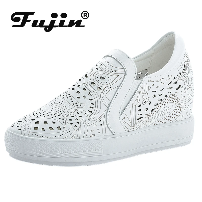 fujin full cow genuine leather 7.5cm women summer shoes wedge sneakers platform high heel hollow breathable slipon sneakers pump