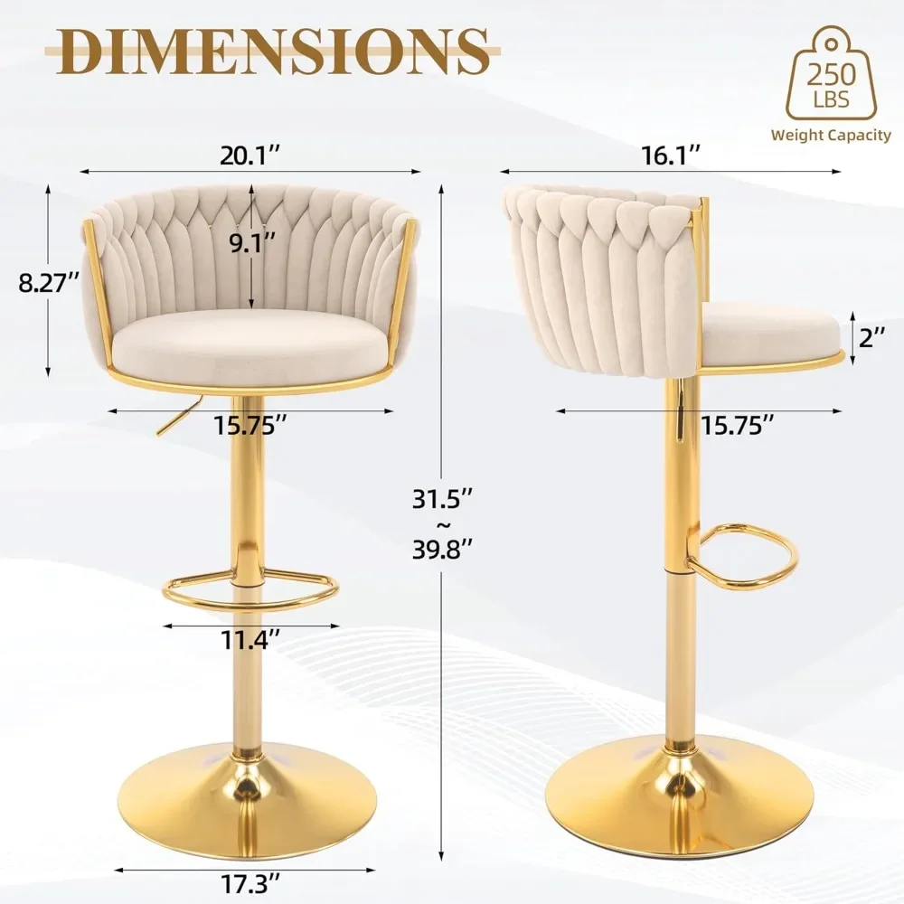 Tabourets de Bar à Comcussion en Velours, avec Dossier Tissé, Réglables et de Luxe, pour Cuisine Moderne, Lot de 4