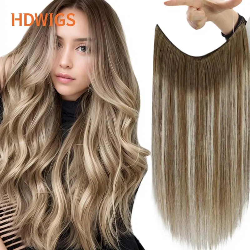 Fshine Invisible Wire Hair Extensions Real Human Hair Chestnut Brown to Platinum Blonde One Piece Hair Extensions Clip in Human