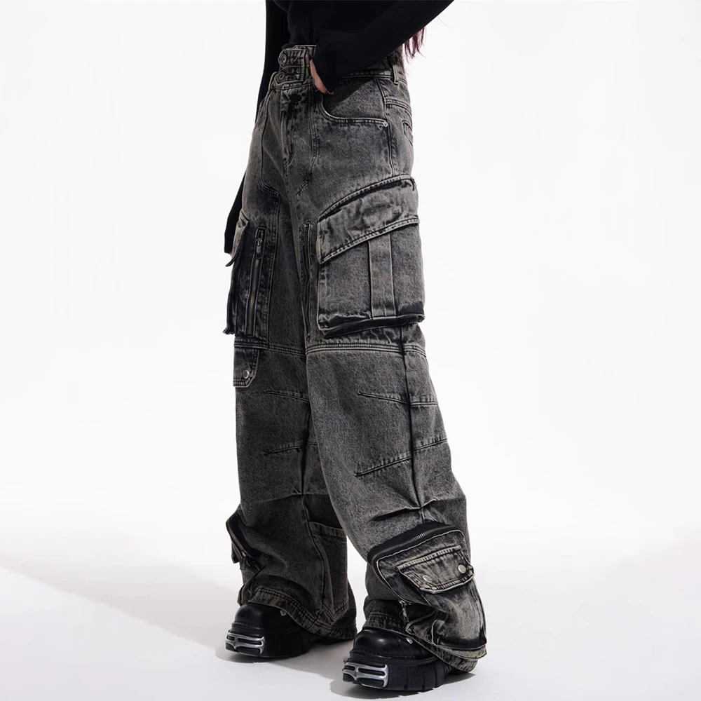 الرجال القوطية الجينز Y2k جيب كبير البضائع الجينز الشارع الشهير موضة اليابانية الشباب الحرم الجامعي واسعة الساق سراويل تقليدية الذكور ملابس للرجال #4