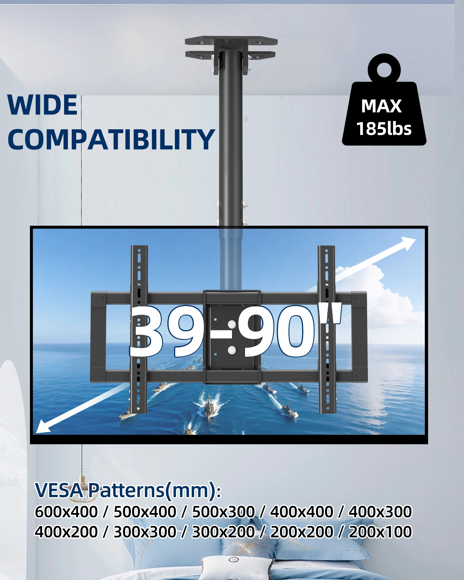 360° Ceiling TV Mount Fits 39-90 inch TVs, Height Adjustable, Swivel Tilt and Leveling Full Motion Ceiling Mount TV Bracket T765