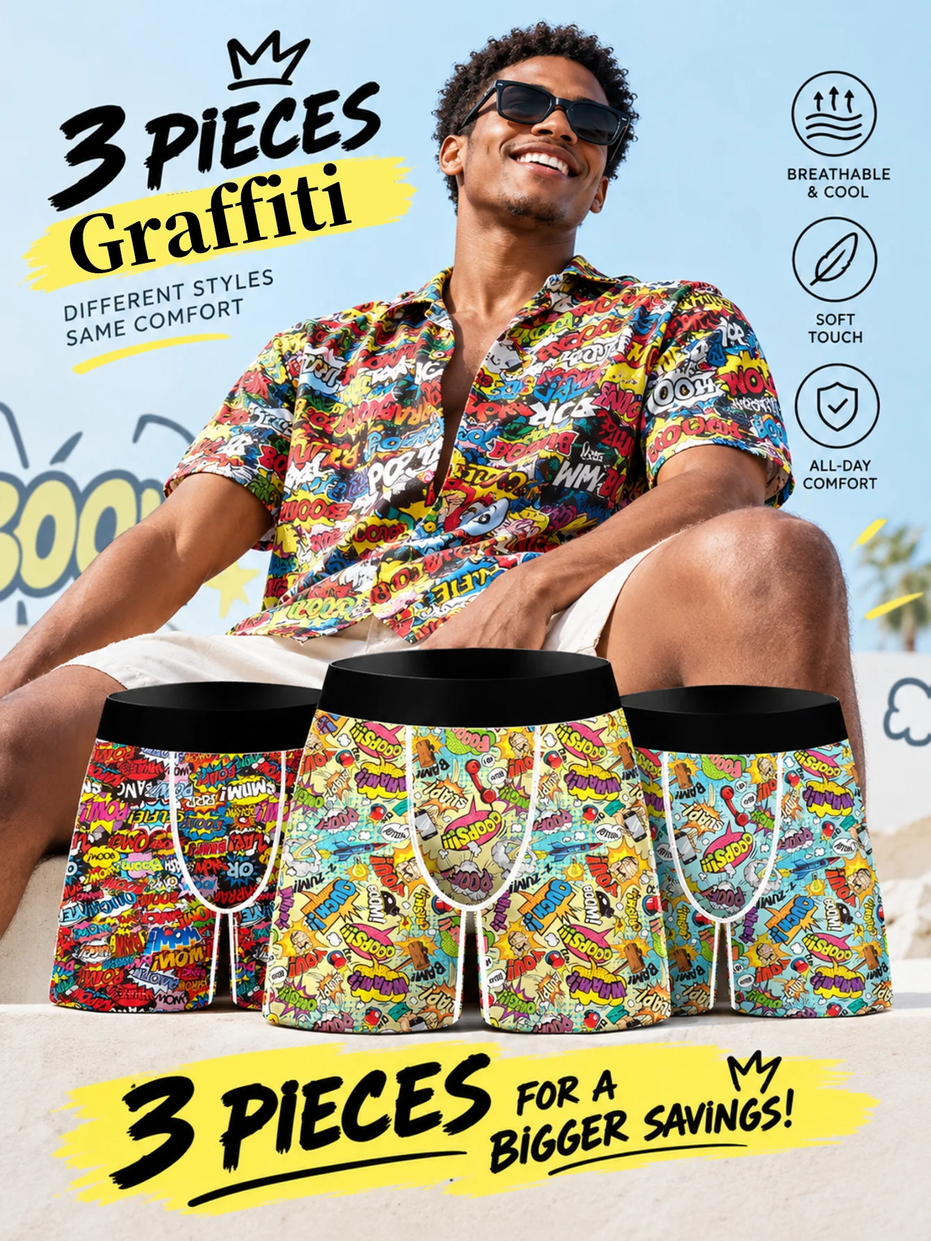 `3Pcs Men Boxer Briefs Street Comic Print Underwear Soft Milk Silk 4 Way Stretch Elastic Waist Breathable Male Underpants`