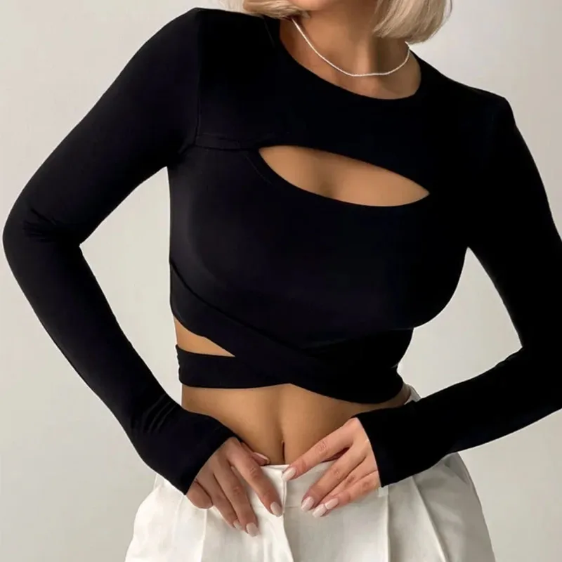 قميص قصير أسود جديد بقصة ضيقة، تي شيرت نسائي برقبة دائرية وأكمام طويلة بتصميم مجوف عصري #5