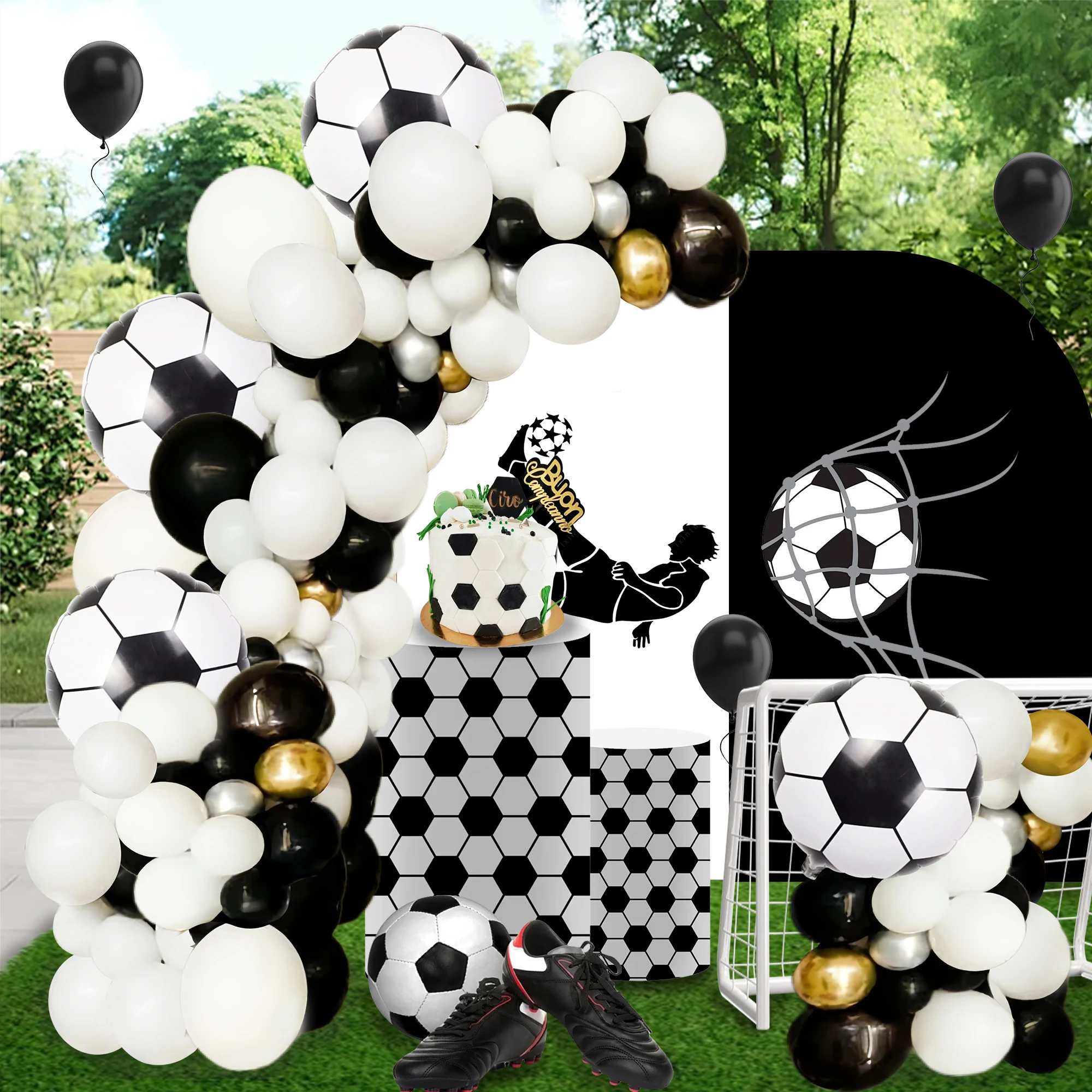 107-teiliges schwarz-weißes Fußball-Themen-Ballonbogen-Set, 4 18-Zoll-Fußball-Aluminiumfolienballons, schwarz-weiße Latexballons, geeignet für Geburtstagsparty-Dekoration, Fußball-Szenen-Layout,