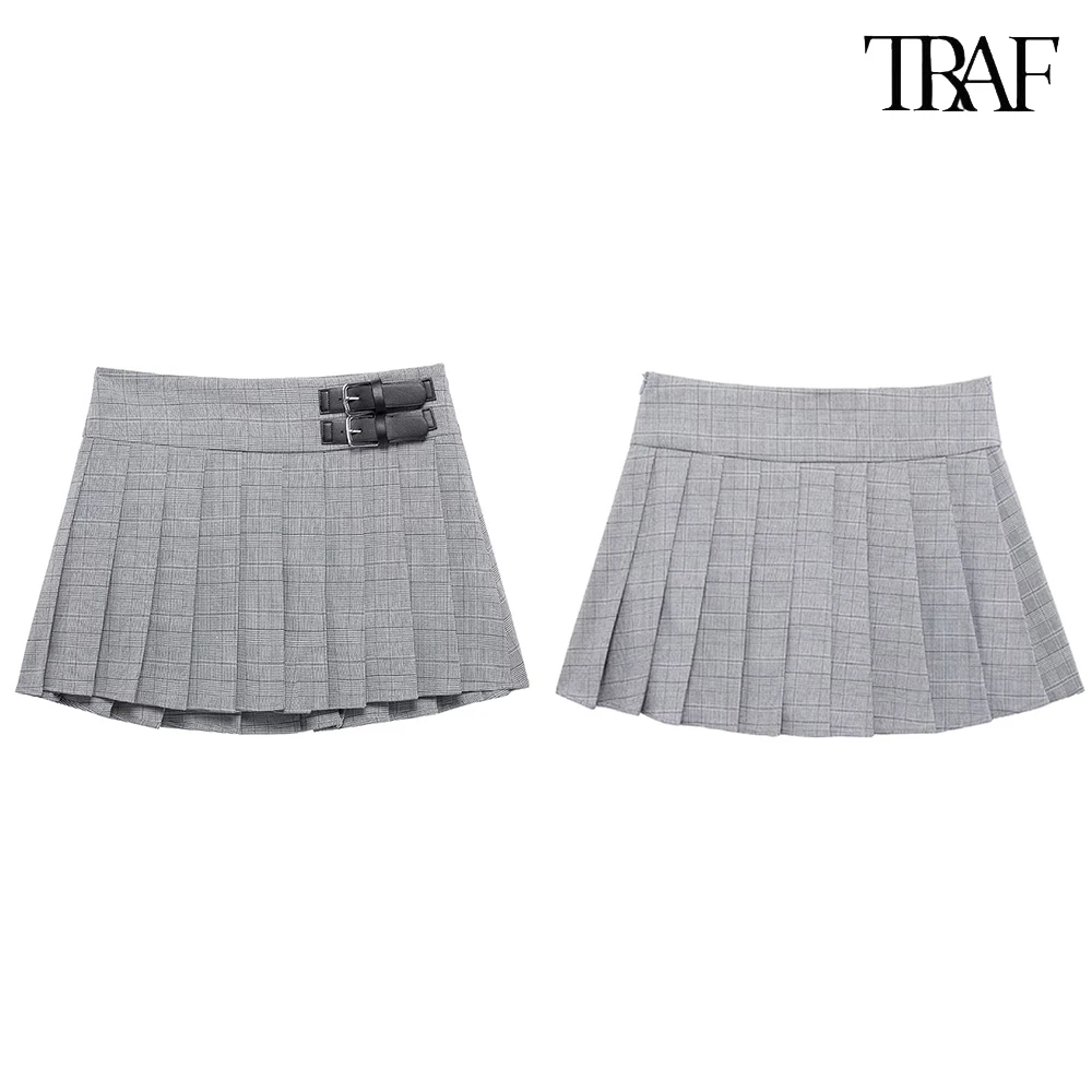 

TRAF Women's New Plaid Loose Pleated Skirt Pants Fashion A-Line Casual Mini Dress Summer Fashionable Commuter Women's Clothing