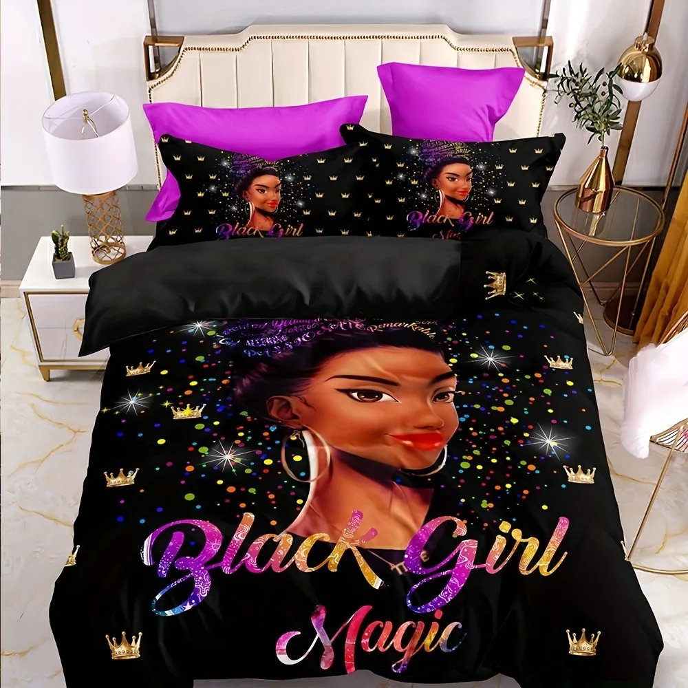 African American Girl Duvet Cover Set, Melanin Magic Bedding Set, Soft Microfiber Quilt Cover with Pillowcases for Kids Teens Be
