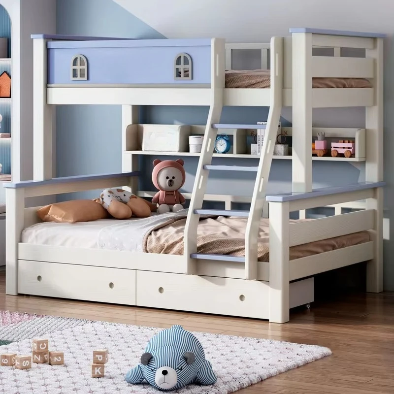 Modern Double Beds Hostel Murphy blue pink Storage Pine Wooden Toddler Kids Bunk Bed for Boys