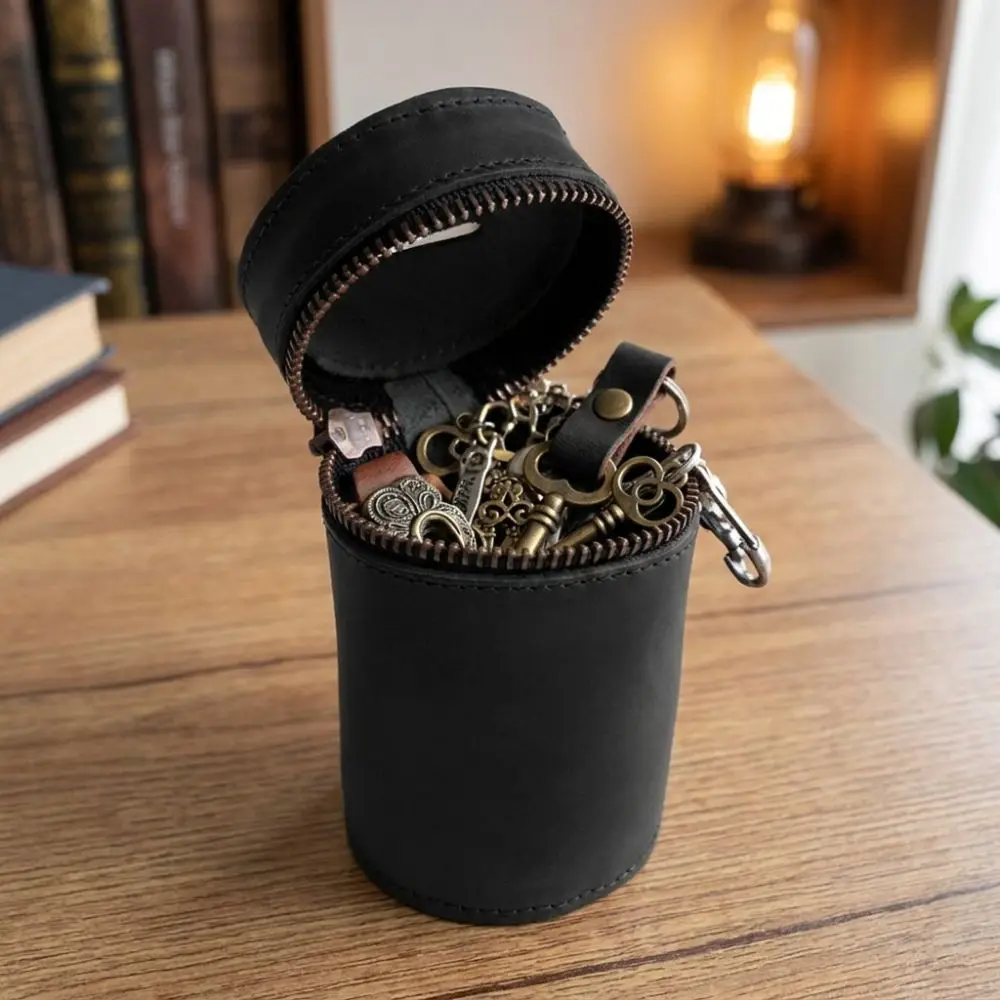 PU Leather Coin Storage Bank Cylindrical Round Zipper Car Interior Piggy Bank Portable Handmade Trinkets Coin Purse