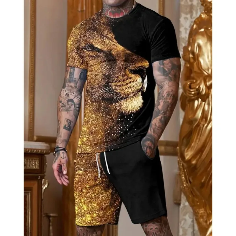 2025 Men's Summer 3D Printed T-shirt and Shorts Set Daily Casual Sports Round Neck Polyester Fiber Material