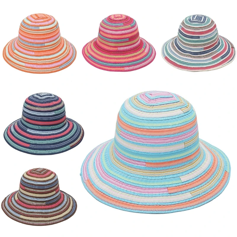 Stripe Pattern Wide Brim Summer Bucket Hat Rainbow Color Fisherman Hats for Adult Teens Skin-friendly Cotton Hats DXAA