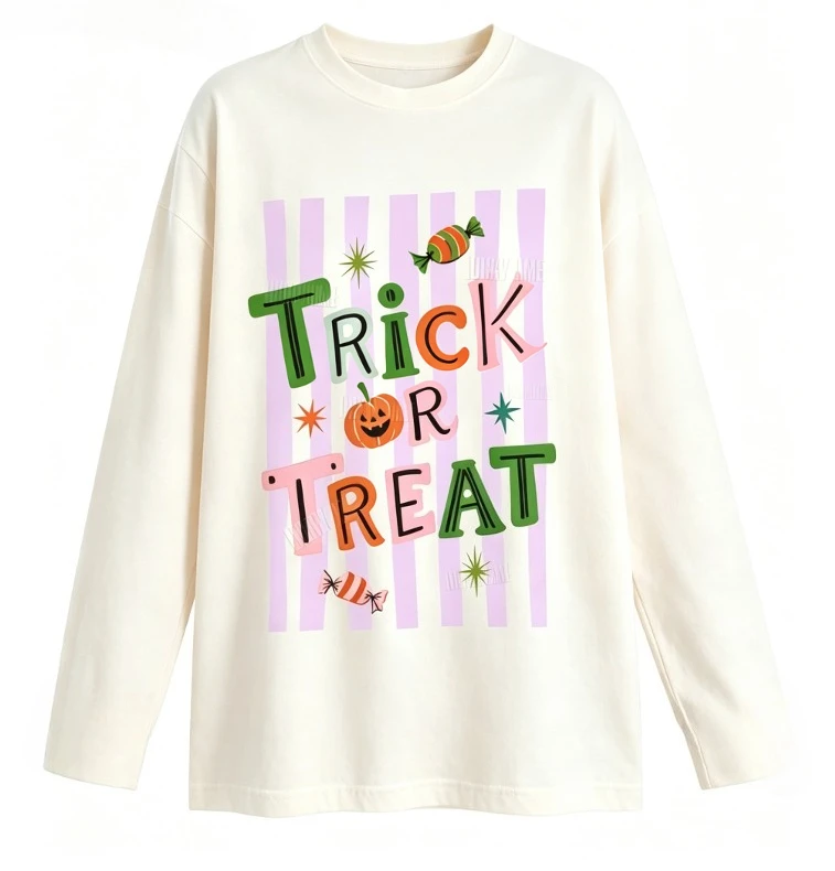 Round neck long sleeved T-shirt 3D printed pattern Halloween style trick or treat street fashion unisex