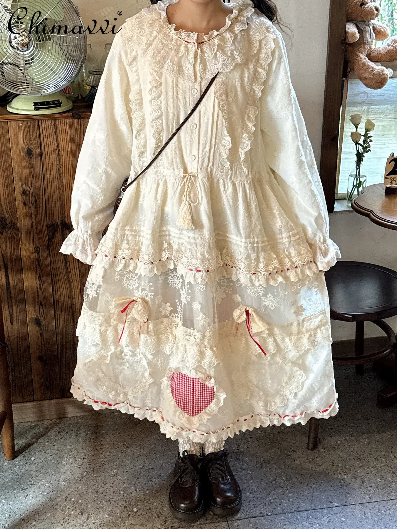 

Heavy Double Layer Ruffles Lace Fairy Dress 2026 Spring New Fashion High Waist Slimming Embroider Girl's Bottom Long Dresses