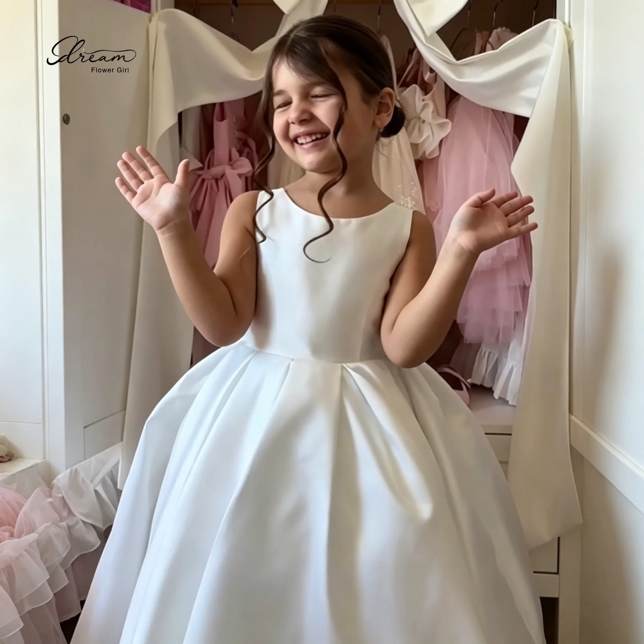 White Satin Sleeveless Floor Length Ball Gown Formal Children's Dress with Open Back and Large Bow Design