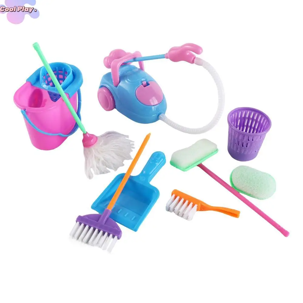 9 ชิ้น/เซ็ตเล่น 1:6/1:12 บ้านตุ๊กตาเฟอร์นิเจอร์ Mop กวาดตุ๊กตาเครื่องมือทําความสะอาดในครัวเรือนถังการศึกษา