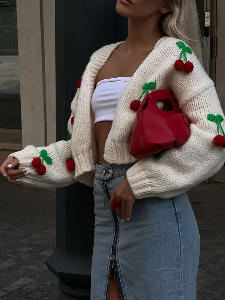 Fashion 3d Cherry Embroidery Cropped Knitted Cardigan 2024 Autumn Women Elegant Long Sleeve Short Sweater Chic Female Streetwear