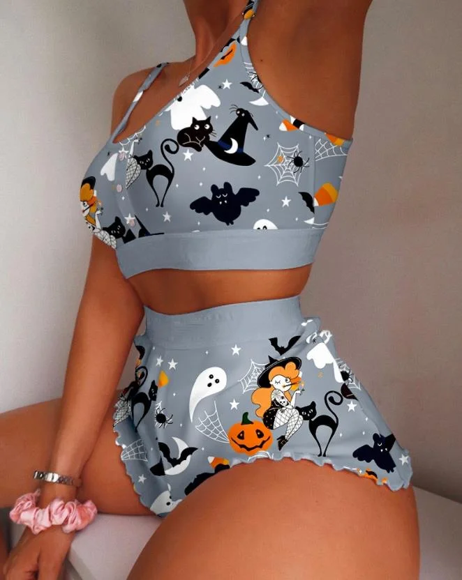 Conjunto versátil de verano para mujer, camisola informal y cómoda con estampado de patrón de Halloween, Top con borde de camuflaje, pantalones cortos