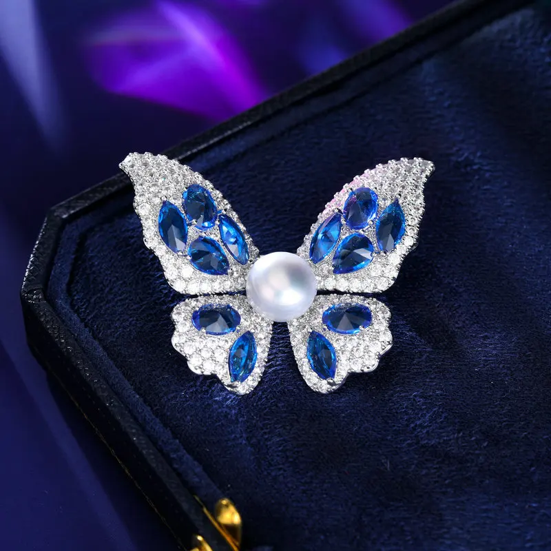 Chinese Style Lucky Auspicious Butterfly Brooch Shiny Zircon Freshwater Pearl Fortune Blessing Fall Winter For Women Coat Suit